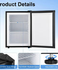 Compact 2.1 Cubic Foot Upright Freezer Featuring Precision Temperature Controls And Sturdy Removable Shelves, open with shelves and adjustable leg.