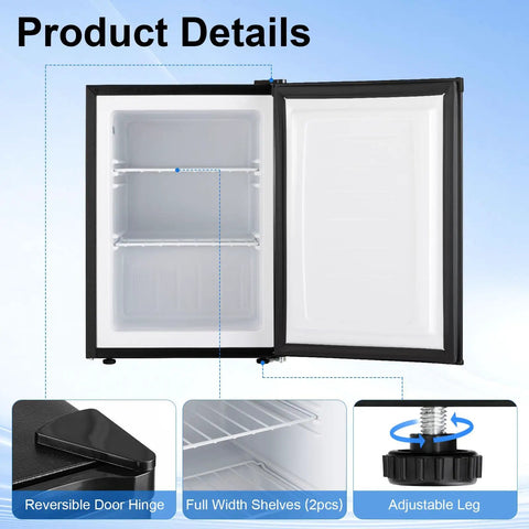 Compact 2.1 Cubic Foot Upright Freezer Featuring Precision Temperature Controls And Sturdy Removable Shelves, open with shelves and adjustable leg.