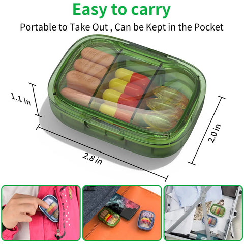 Two Pack Three Compartment Pill Box With Moisture Proof Case And Pocket Size Portable Travel Organizer shown in green color with measurements