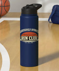 Aggressively Hydrated Run Club Stainless Steel Insulated Water Bottle With Retro Rainbow Graphic shown on basketball court with bag