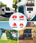 Heavy Duty Flexible Solar Panel Kit 1000W Total Power Ten 100W Lightweight Etfe Modules Built Tough For Van Life Rvs And Campers With Easy Peasy Mounting And No Sweat Setup, shown on RV, yacht, camping tent, and car.