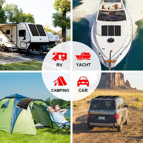 Heavy Duty Flexible Solar Panel Kit 1000W Total Power Ten 100W Lightweight Etfe Modules Built Tough For Van Life Rvs And Campers With Easy Peasy Mounting And No Sweat Setup, shown on RV, yacht, camping tent, and car.