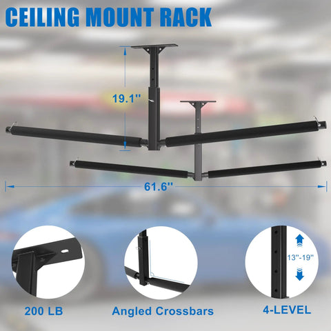 Double Paddleboard And Surfboard Ceiling Storage Rack For Garage Adjustable Overhead Hanger With Straps, Black, 200 Lbs.