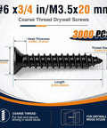 #6 x 3/4 in coarse thread drywall screw dimensions for Top Shelf Heavy Duty 3000 Piece Bulk Pack Size Six By Three Quarters Inch Drywall Screws.