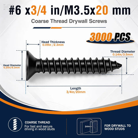 #6 x 3/4 in coarse thread drywall screw dimensions for Top Shelf Heavy Duty 3000 Piece Bulk Pack Size Six By Three Quarters Inch Drywall Screws.