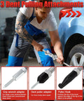 Mechanic using Nine Way Slide Hammer Puller Set For Front Wheel Hub Removal And Rear Wheel Axle Extraction with dent pulling attachment.