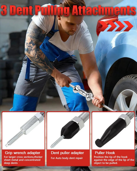 Mechanic using Nine Way Slide Hammer Puller Set For Front Wheel Hub Removal And Rear Wheel Axle Extraction with dent pulling attachment.