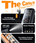 Straight Fire Heavy Duty Cordless Tire Inflator With Analog Pressure Gauge 150 Psi showing tire psi gauge, LED light, and bonus nozzles.