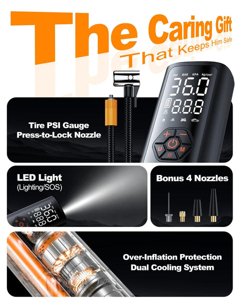 Straight Fire Heavy Duty Cordless Tire Inflator With Analog Pressure Gauge 150 Psi showing tire psi gauge, LED light, and bonus nozzles.