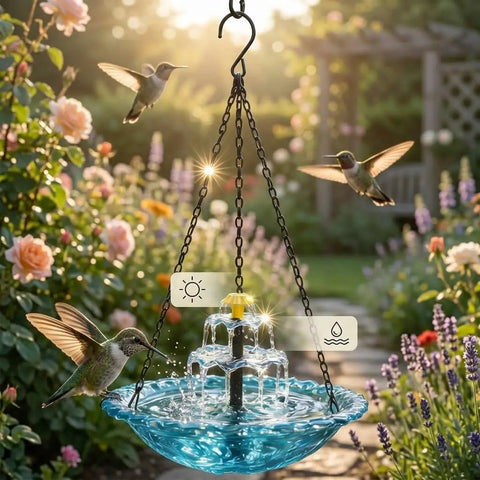 3 Tier Solar Powered Hanging Bird Bath Fountain With Blue Bowl For Hummingbirds, Outdoor Garden Patio Yard Decor