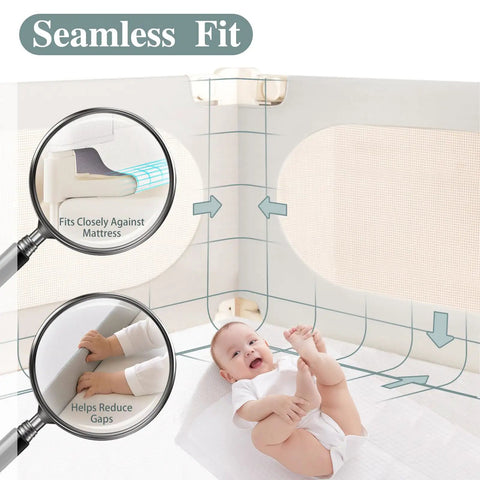 3 Piece Bed Rail Set For Toddlers That Fits King Size Beds With Seamless Fit shows baby inside with magnified fit details