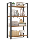 Workhorse Four Tier Bookshelf With Heavy Duty Steel Frame And Chill Rustic Vibe Industrial Storage Rack That Flexes Floor Space Smoothly In Every Home Setup Today, showcasing books and decor.