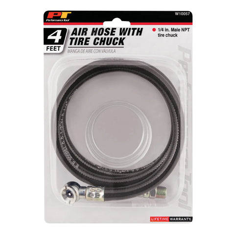 Four Ft Rugged Pvc Air Hose With Snap On Tire Chuck Rated At Three Hundred Psi For Everyday Yard Work And Garage Hacks Kink Resistant Grip Safe Ultra Flex Line in packaging.