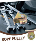 Rope pulley with three wrenches on a dark surface, metallic finish. Pulley features durable steel construction and mounting bracket.
