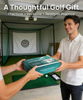 Two men exchanging a 68 Pcs Golf Mat Tees Set With Rubber Tees For Simulators And Hitting Mats in an indoor practice area