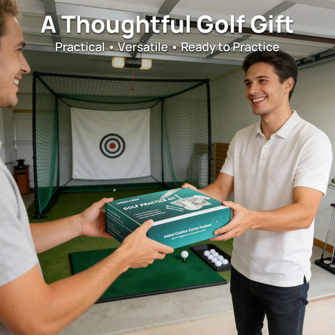 Two men exchanging a 68 Pcs Golf Mat Tees Set With Rubber Tees For Simulators And Hitting Mats in an indoor practice area