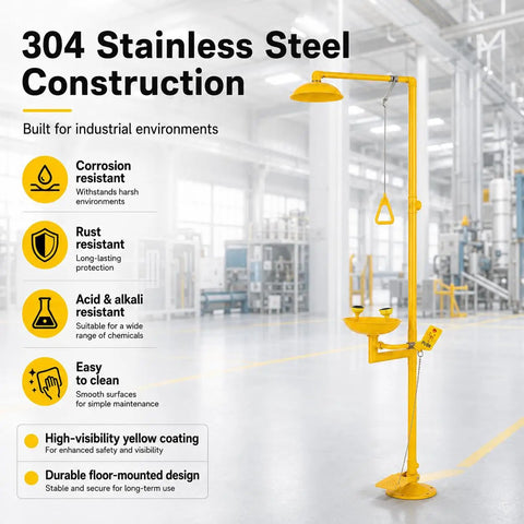 Industrial Grade Emergency Shower And Eyewash Station in 304 Stainless Steel with yellow coating, shown in an industrial setting.