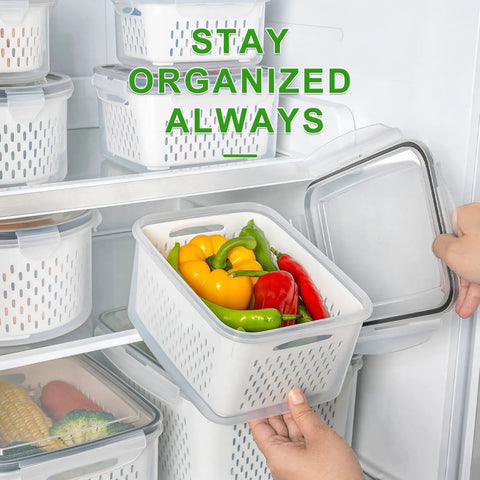 Person storing bell peppers in 5 Pack Large Fridge Storage Containers With Removable Colander, Leakproof Design, Dishwasher And Microwave Safe, Keeps Fruits, Vegetables, Berries And Meats Fresh Longer.