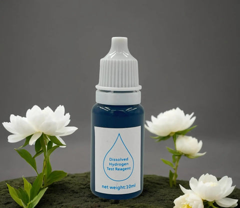 Dissolved Hydrogen Water Tester Kit With Blue Drops Reagent for Accurate Ppm Readouts, 10ml bottle, with flowers in the background