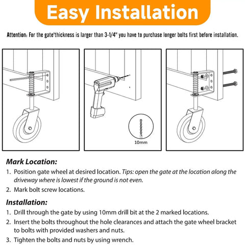 Installation guide for Beefed Up Heavy Duty Gate Wheel With Spring Loaded 4.3 Inch Gate Caster For Outdoor Fences And Farm Gates.
