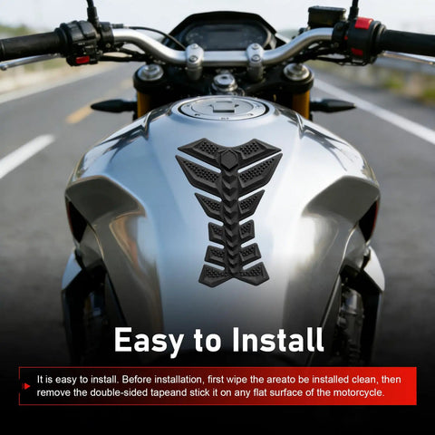 Badass 3D Rubber Fishbone Motorcycle Tank Pad With Grippy Antislip Knee Grip For Universal Street Bike Fuel Tanks Custom Black Pro Ride Armor Sticker on a silver motorcycle tank.