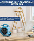 Powerful 1000 CFM Air Mover Blower in home workshop setting, showing high velocity airflow for drying floors and carpets.
