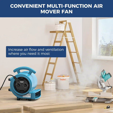 Powerful 1000 CFM Air Mover Blower in home workshop setting, showing high velocity airflow for drying floors and carpets.