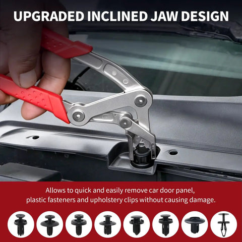 Garage Ready Car Clip Pliers That Knock Out Stubborn Auto Fasteners In Seconds, used to extract clips with inclined jaw design.