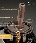 QUORELYNX DC baitcasting reel internal drive components: aviation aluminum main shaft, brass drive gear, close-up