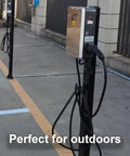 Tough As Nails Galvanized Steel EV Charger Station Box Outdoor Weatherproof Cable Organizer Cabinet With Pre Drilled Mounting For Garage Or Business Parking Lot Black mounted in a parking area.