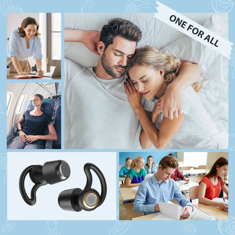 Collage of Sleep Ear Plugs For Quiet Nights, 30 To 33 DB Noise Reduction, showing use in bed, plane, office, and classroom settings.