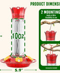 Outdoor Hummingbird Feeders Set Of 2 20 Ounce Plastic Feeders With Five Flower Shaped Ports Cleaning Brush Leak Proof Design Built In Ant Moat Bee Guard Red showing dimensions and mounting options