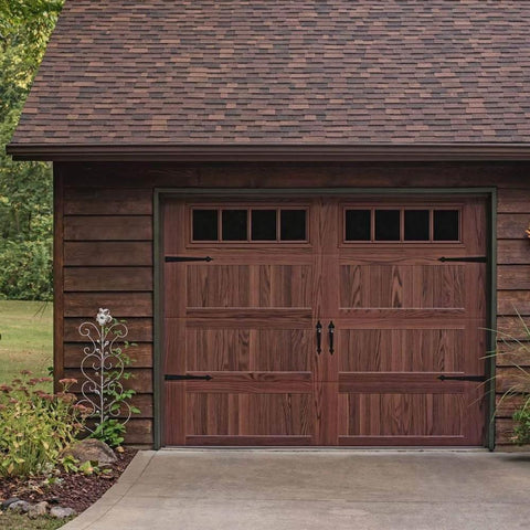 Decorative Rustic Carriage House Hardware Set With Black Steel Hinges And Handles For Barn Doors And Gates installed on wooden garage door