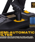 Kickass Cordless Wet Dry Shop Vacuum With Sick Suction And Six Gallon Tank For Jobsite Garage Cleanup showing semi-automatic filter system.