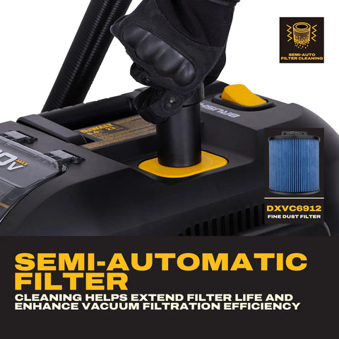 Kickass Cordless Wet Dry Shop Vacuum With Sick Suction And Six Gallon Tank For Jobsite Garage Cleanup showing semi-automatic filter system.