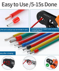 Steps showing the Heavy Duty Ferrule Crimping Tool Kit With Wire Stripper And Ferrules Crimper Plier 600 Piece Ferrules Set in use.