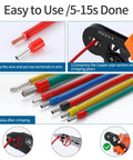 Ultimate Wire Ferrule Kit With 1000 Copper Crimp Terminals in use with red insulated connectors and crimping pliers.