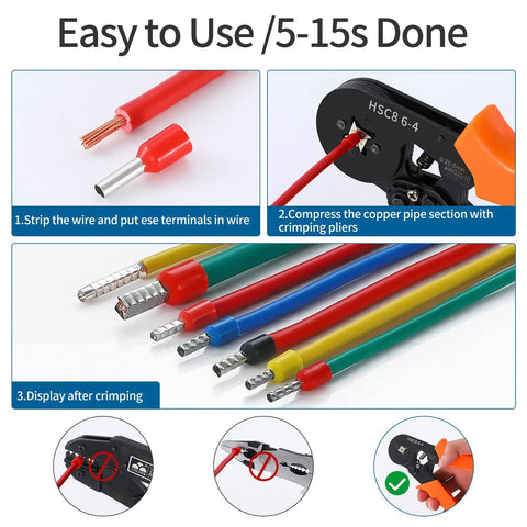 Ultimate Wire Ferrule Kit With 1000 Copper Crimp Terminals in use with red insulated connectors and crimping pliers.