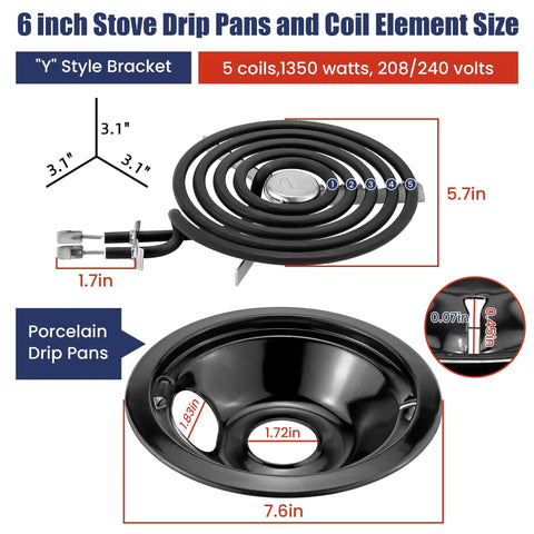 6 inch stove drip pans and coil element size details for 8 Piece Porcelain Drip Pans And Electric Stove Burner Replacement Set