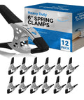 12 Pack 6 Inch Heavy Duty Spring Clamps Large 3 Inch Jaw Opening for Woodworking and Carpentry Projects, Photography Backdrops, and Glue Drying, Durable Metal Black Clamps That Hold Pieces Securely Without Slipping displayed with packaging.