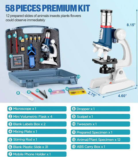 Hands On Kids Microscope Kit With 100X To 1200X Magnification Metal Body LED Light Carrying Case 58 Piece STEM Science Toy