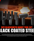 One Inch Blacksmith Anvil Hardy Hole Tools Set Five Piece Forging Kit with Pro Grade Hot Cut Tool on fiery background