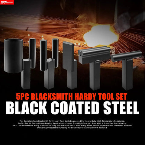 One Inch Blacksmith Anvil Hardy Hole Tools Set Five Piece Forging Kit with Pro Grade Hot Cut Tool on fiery background