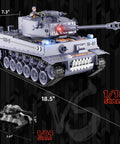 One Eighteenth Scale RC Tiger Tank with BB shooting, recoil action, smoke, sound, LED lights in detailed side view with size markings