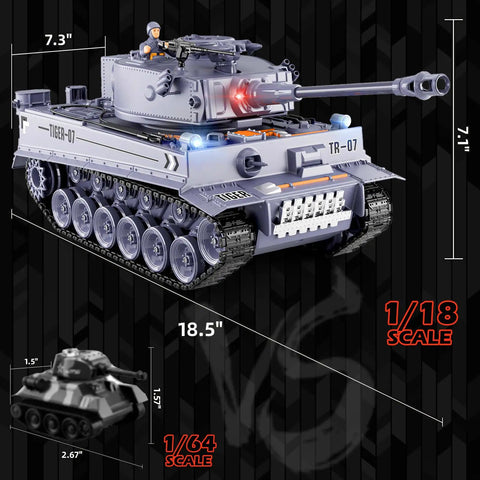 One Eighteenth Scale RC Tiger Tank with BB shooting, recoil action, smoke, sound, LED lights in detailed side view with size markings