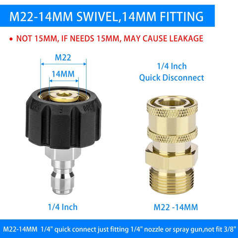 Front view of pressure washer adapter set with two fittings: black 1/4-inch quick-connect and brass M22-14mm adapter.
