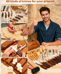 Man displaying Deluxe Wood Carving Kit with 25 pieces, including tools, leather bag, and carvings on wooden table.