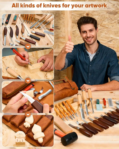 Man displaying Deluxe Wood Carving Kit with 25 pieces, including tools, leather bag, and carvings on wooden table.