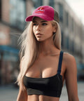 Woman wearing Pink Dont Pay My Bills Trucker Hat For Women And Unisex Style With Adjustable Strap Washed Cotton Dad Hat