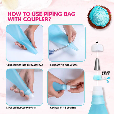 Next Level Cake Decorating Kit Featuring Hella Durable Anti Burst Piping Bags Stainless Steel Frosting Tips Set And Reusable Pastry Supplies For Baking Like A Champ Zero Worries instructions on how to use a piping bag with coupler.